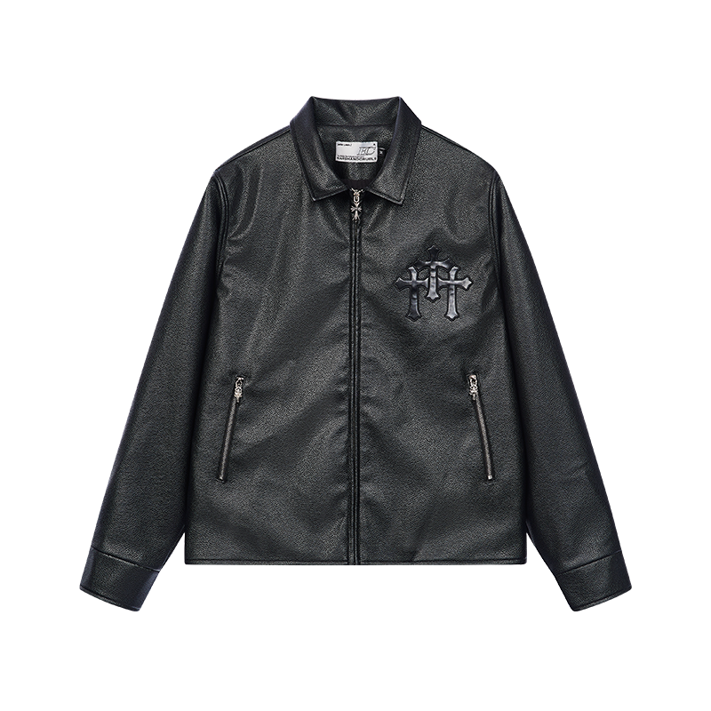 Metal Cross Logo Textured Leather Jacket