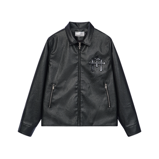 Metal Cross Logo Textured Leather Jacket