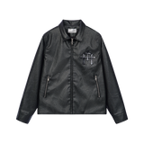 Metal Cross Logo Textured Leather Jacket