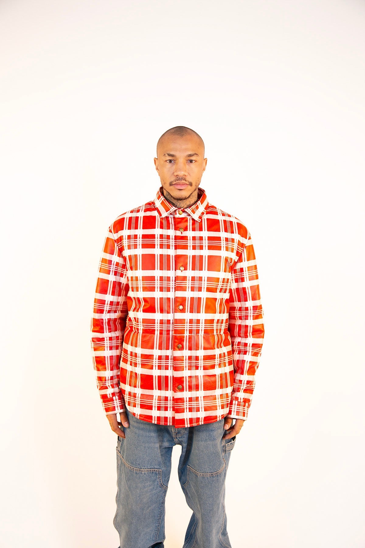 1|24 PLAID LEATHER PUFFER SHIRT | RED+WHITE (4-8 WEEKS DELIVERY)