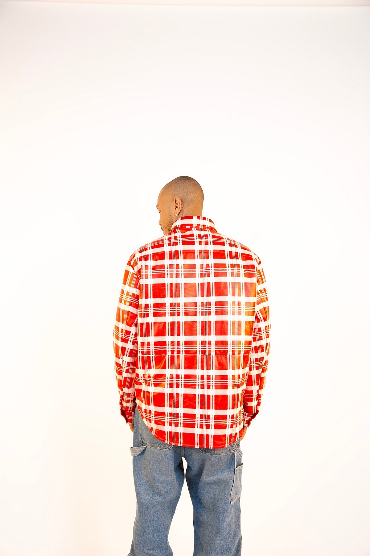 1|24 PLAID LEATHER PUFFER SHIRT | RED+WHITE (4-8 WEEKS DELIVERY)