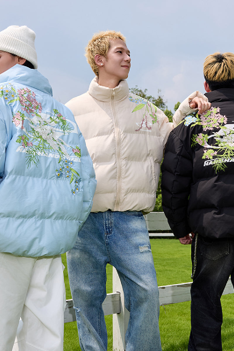 Floral Logo Embroidered Puffer Jacket