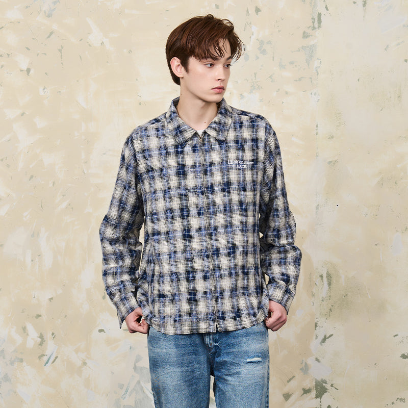 Distressed Checkered Zipper Shirt