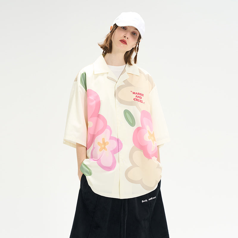 Handpainted Cartoon Flowers Printed Cuban Shirt