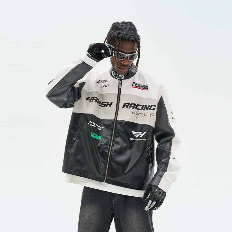 Retro Motorcycle Colorblock Stand Up Collar Jacket