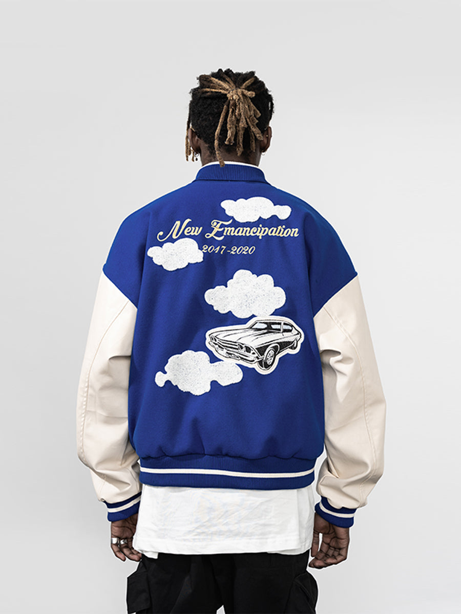 Embroidered Clouds Woolen Varsity Jacket