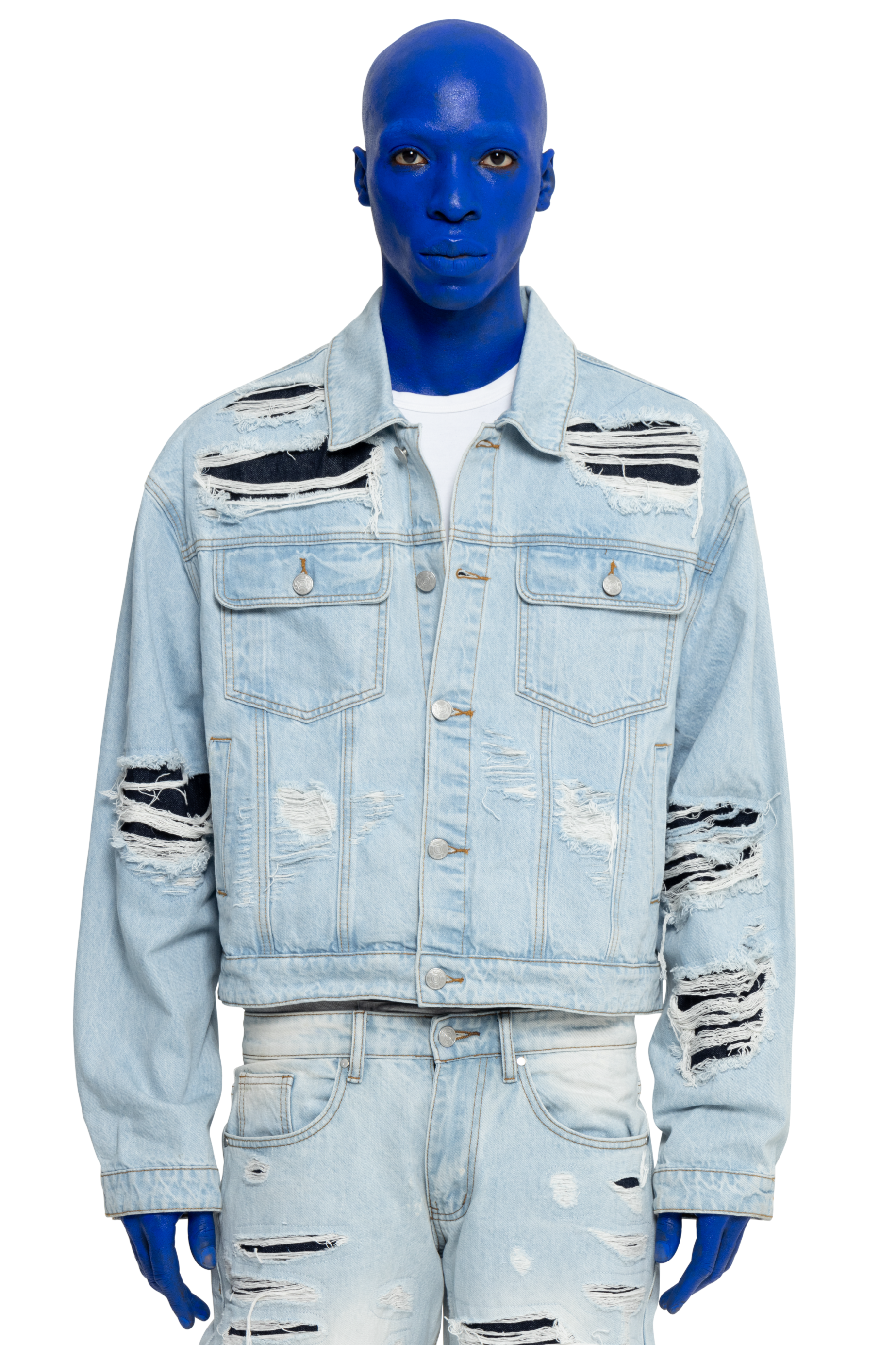 DISTRESSED DOUBLE DENIM JACKET