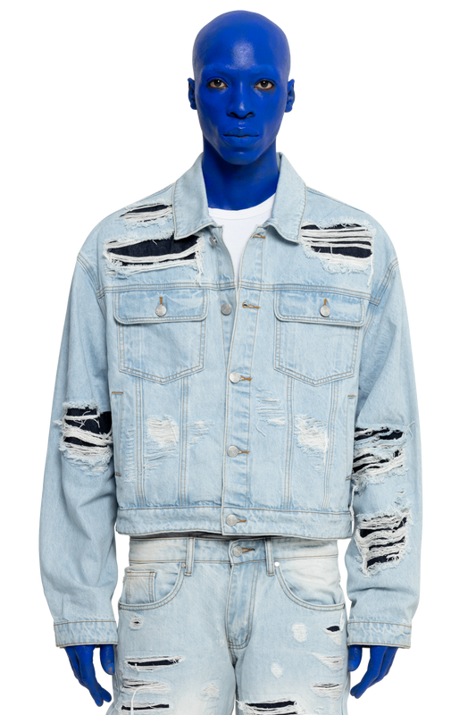 DISTRESSED DOUBLE DENIM JACKET