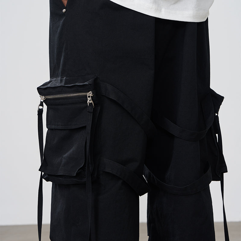 Zipper Stitched Pockets Strings Trousers