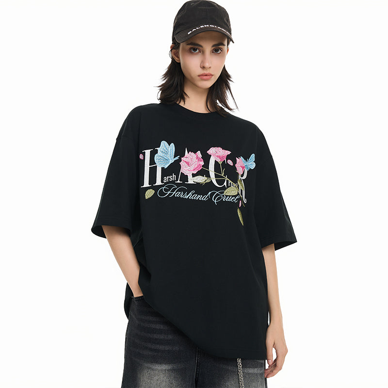 Butterfly Rose Embroidered Logo Tee