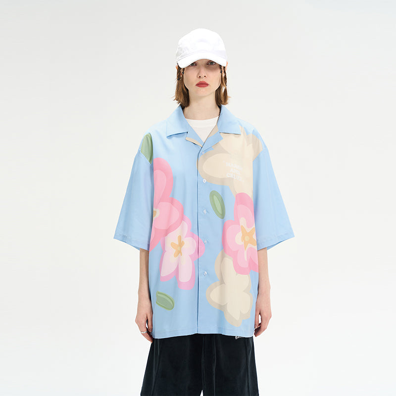 Handpainted Cartoon Flowers Printed Cuban Shirt