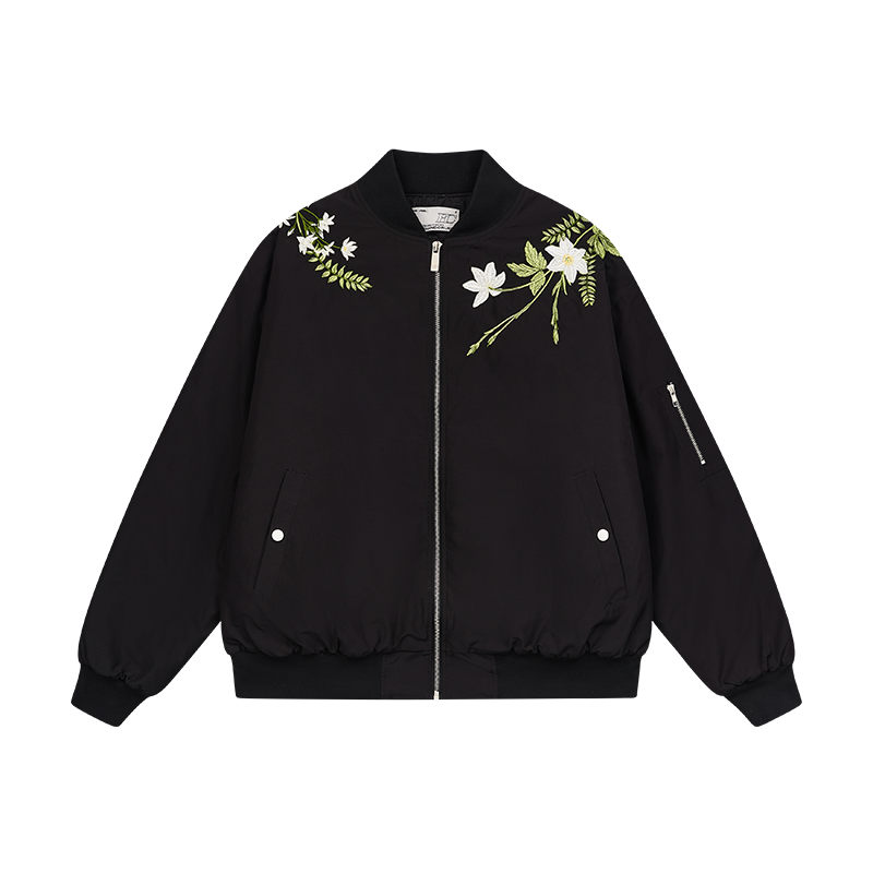 Floral Text Embroidered Bomber Jacket