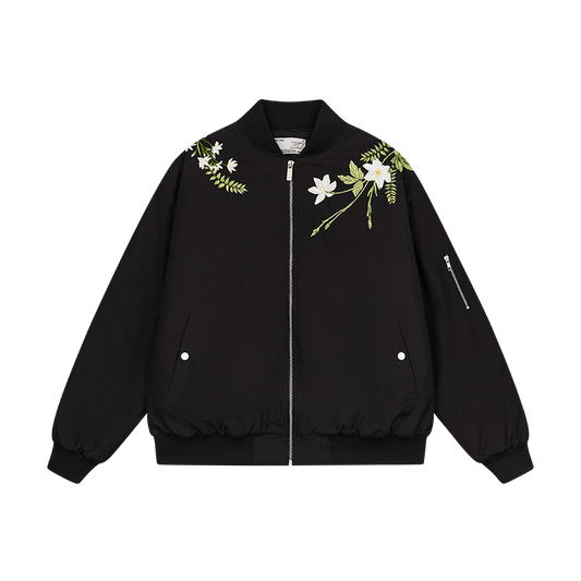 Floral Text Embroidered Bomber Jacket