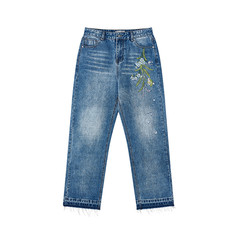 Floral Embroidery Washed Jeans