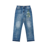 Floral Embroidery Washed Jeans