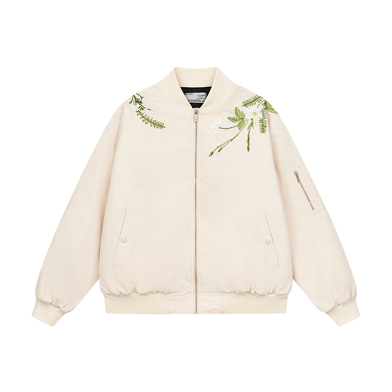 Floral Text Embroidered Bomber Jacket