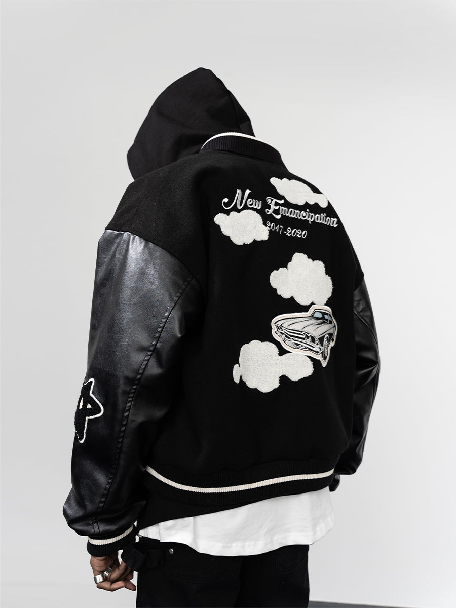 Embroidered Clouds Woolen Varsity Jacket