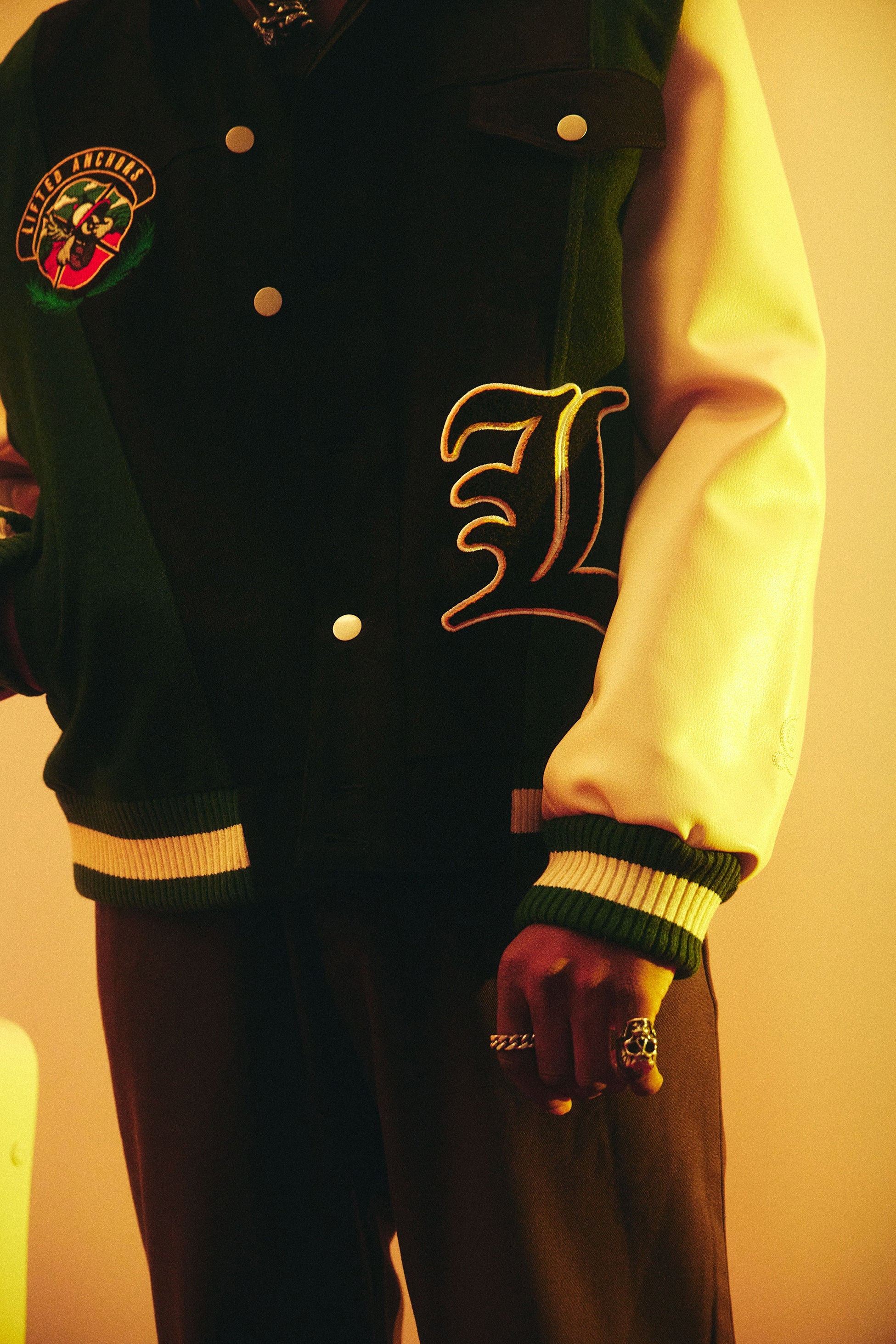 "Claridge" Letterman Jacket (Black Denim/Olive)