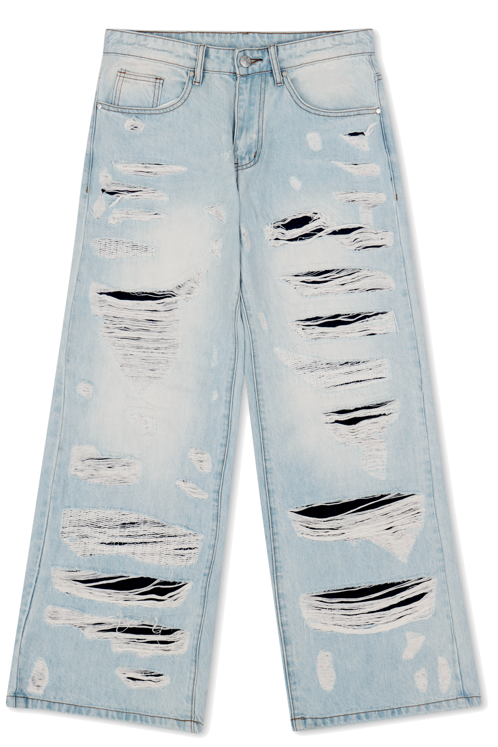 DISTRESSED DOUBLE DENIM PANTS