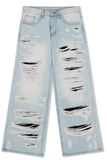 DISTRESSED DOUBLE DENIM PANTS