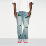 Distressed Embroidered Loose Denim