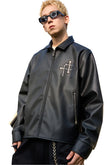 Metal Cross Logo Textured Leather Jacket