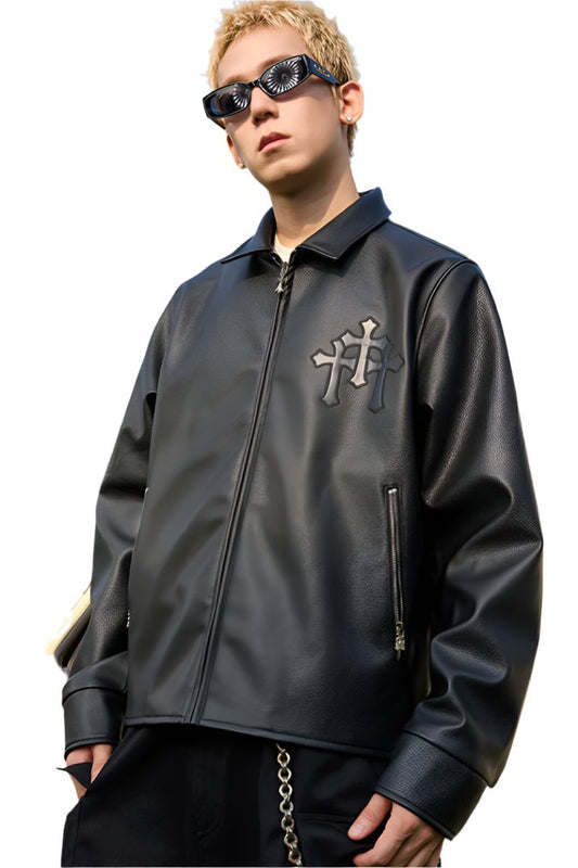 Metal Cross Logo Textured Leather Jacket