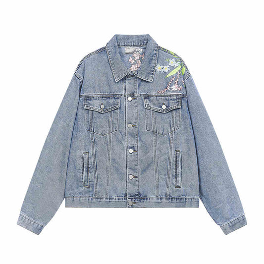 Floral Embroidered Washed Denim Jacket