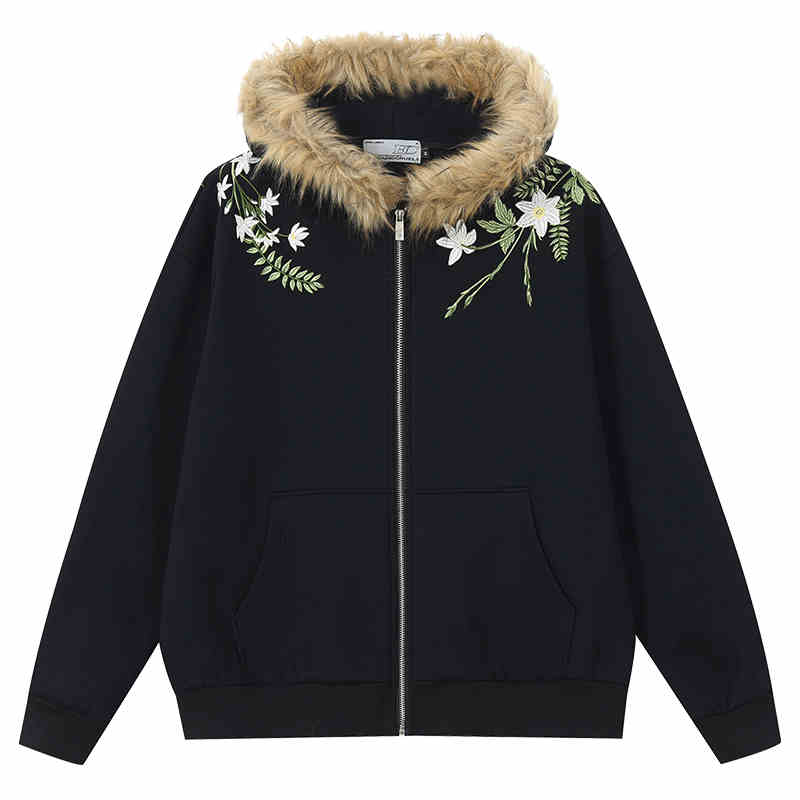 Floral Embroidery Fur Fleece Hoodie