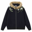 Floral Embroidery Fur Fleece Hoodie