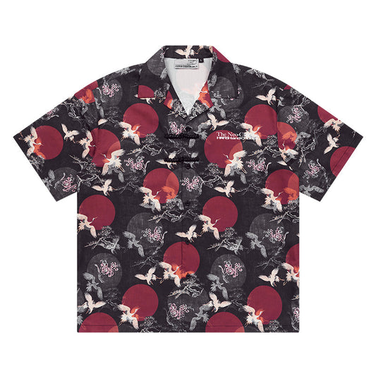 Crane Print Knots Cuban Shirt