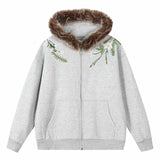 Floral Embroidery Fur Fleece Hoodie