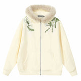 Floral Embroidery Fur Fleece Hoodie