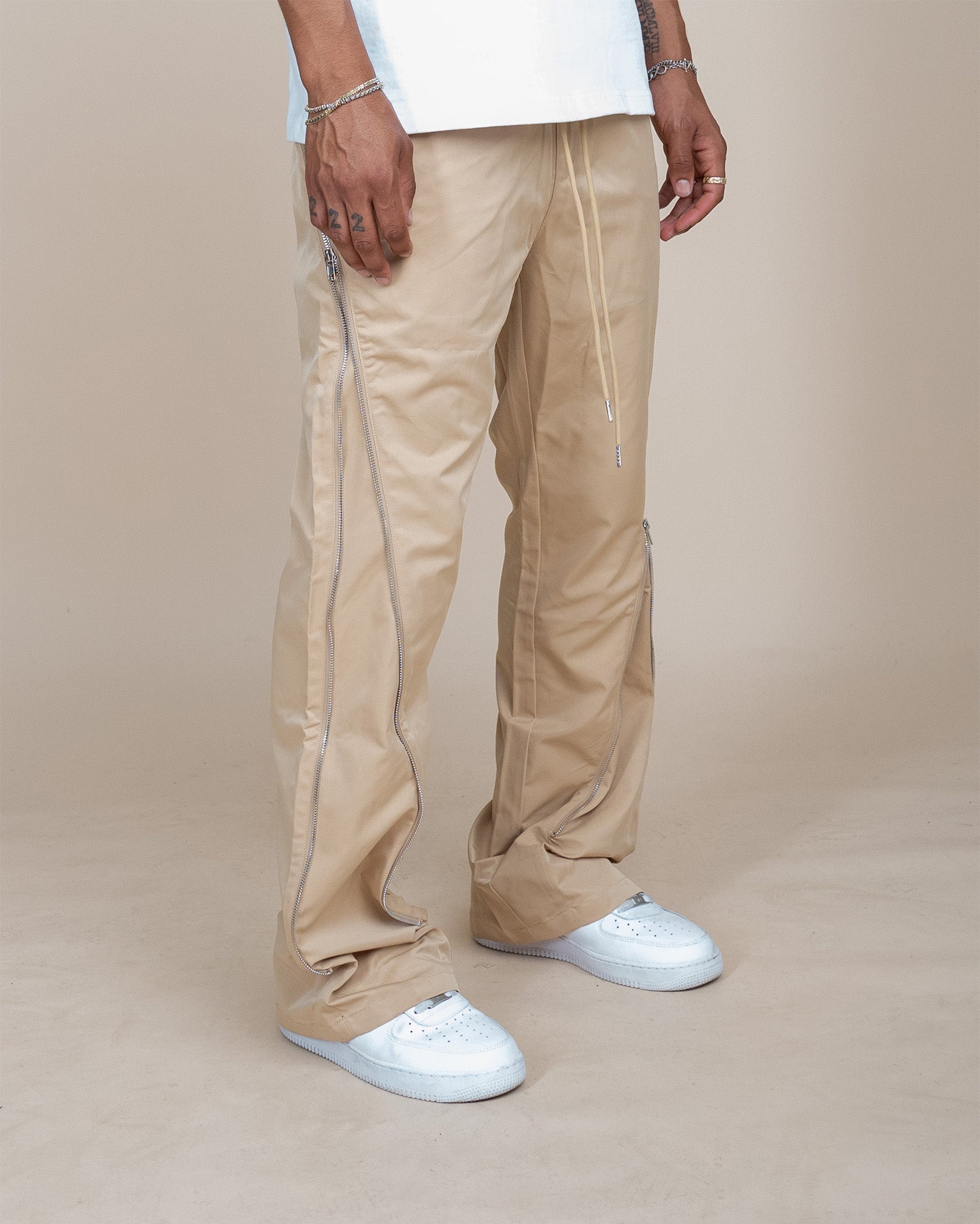 EPTM NYLON ZIP FLARED PANTS - TAN