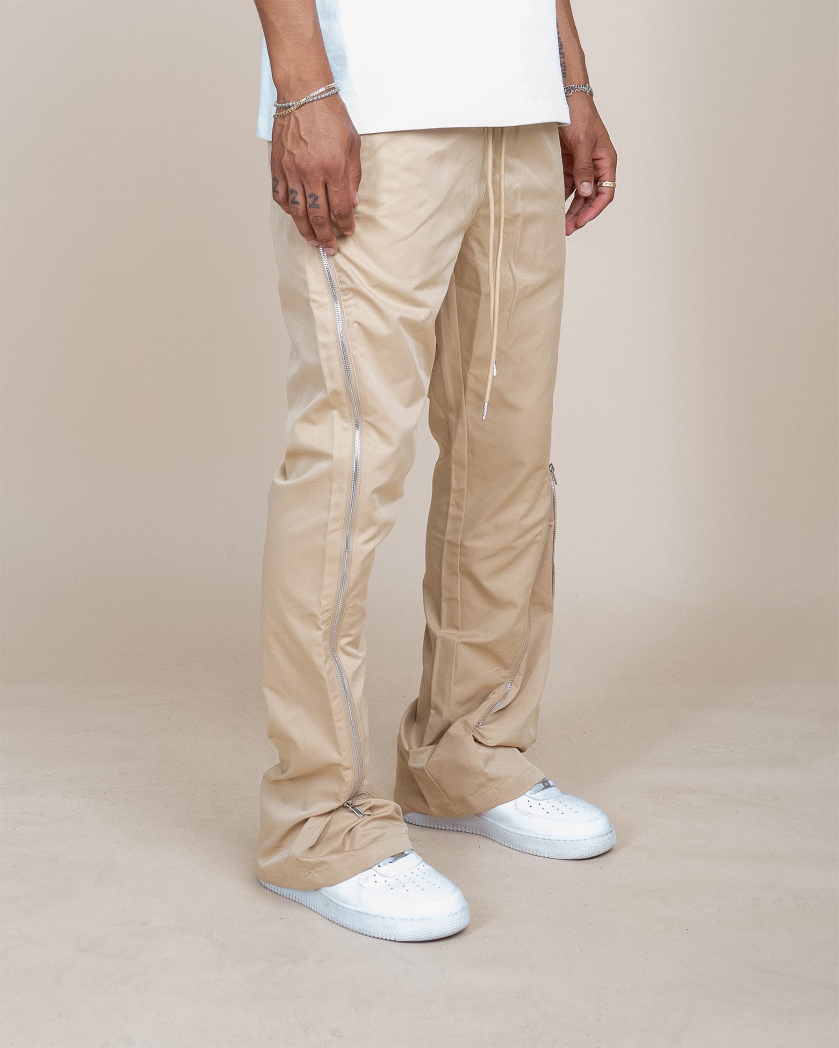 EPTM NYLON ZIP FLARED PANTS - TAN