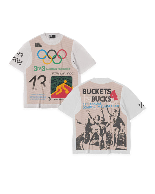 "Buckets" Jersey Print Olympic Tee (White)