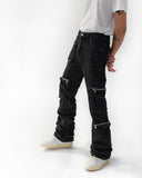 "Pinched" Stacked Flare Denim (Dark Black Wash)