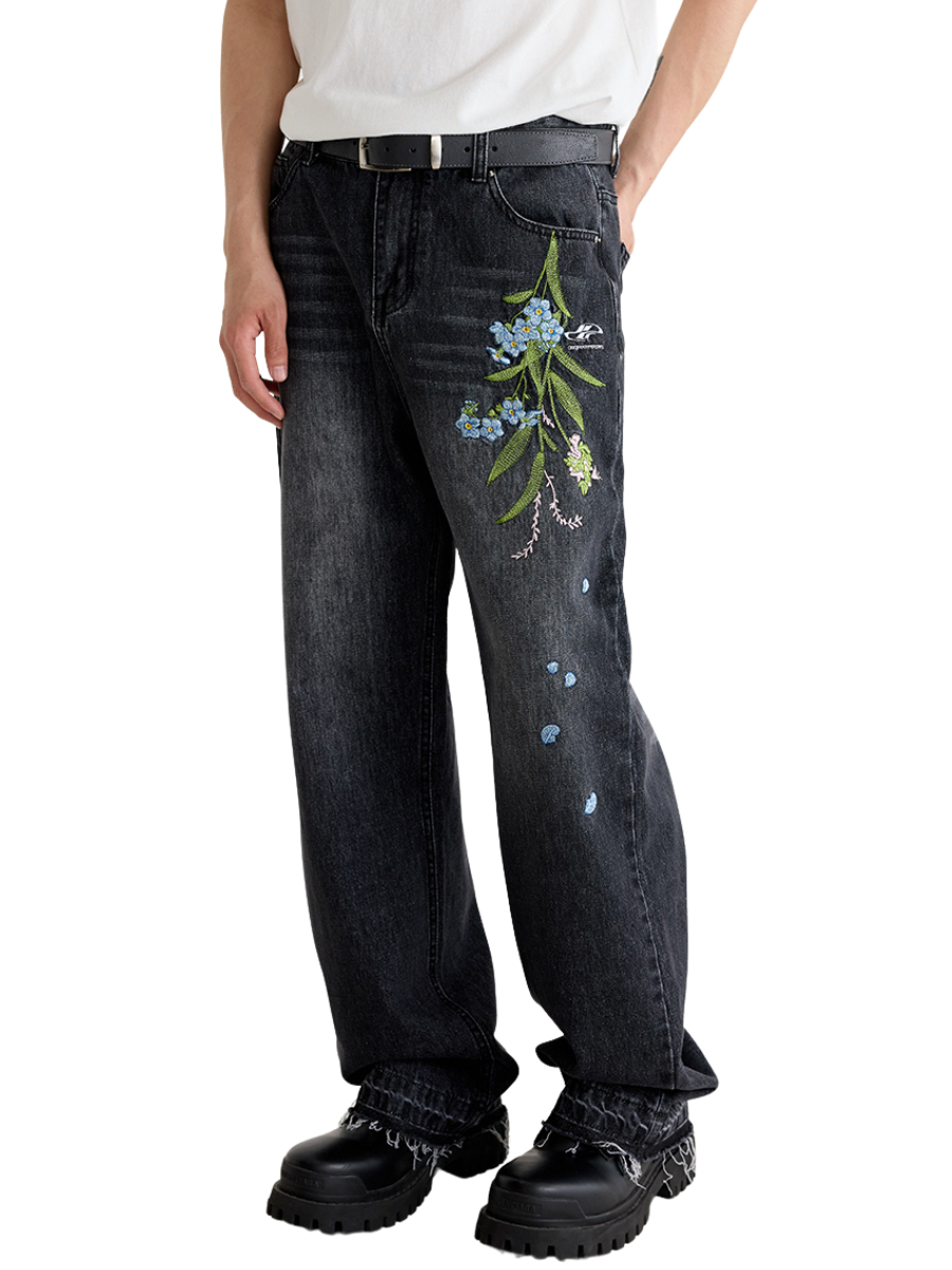 Floral Embroidery Washed Jeans