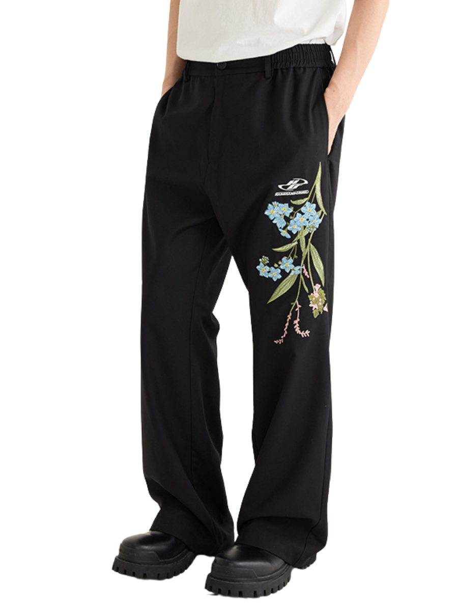 Floral Embroidery Slim Trousers