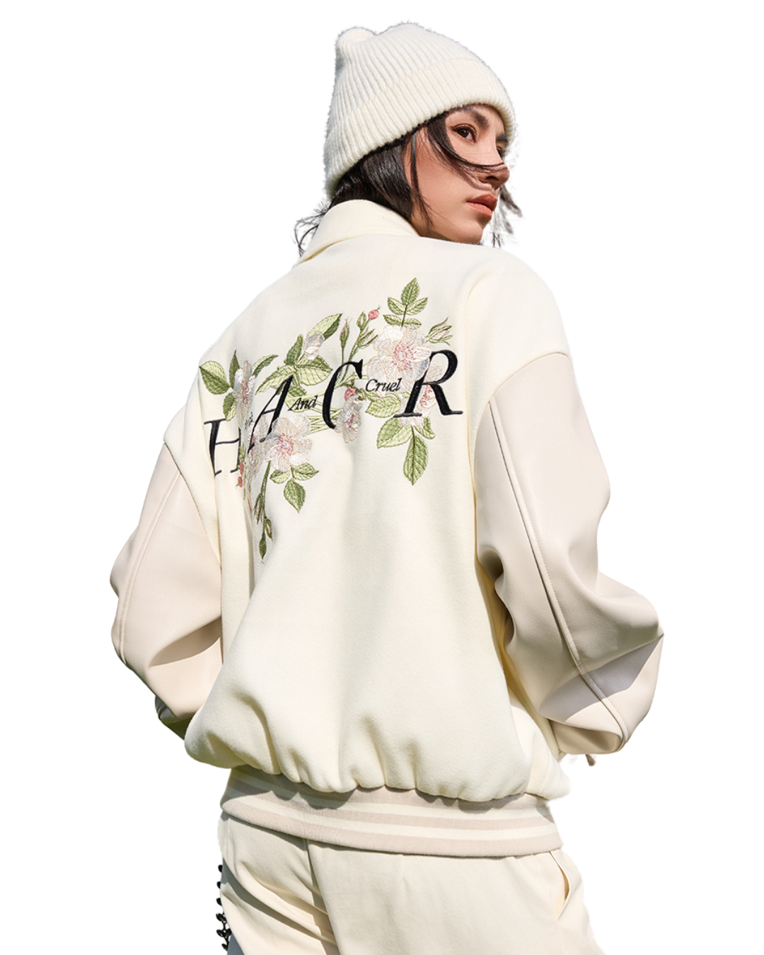 Floral Embroidered Script Baseball Jacket