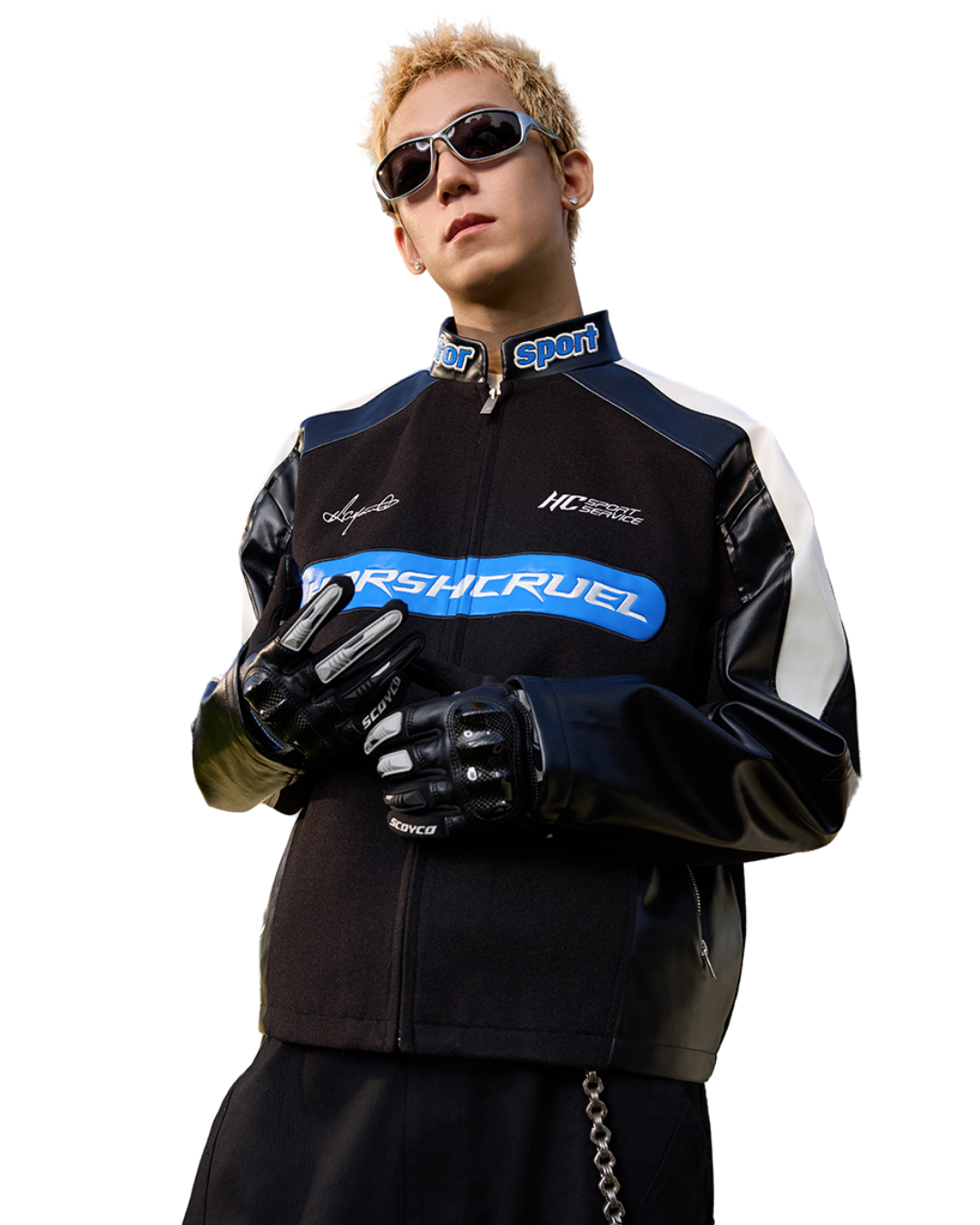 Colorblock Stitched Leather Racing Jacket