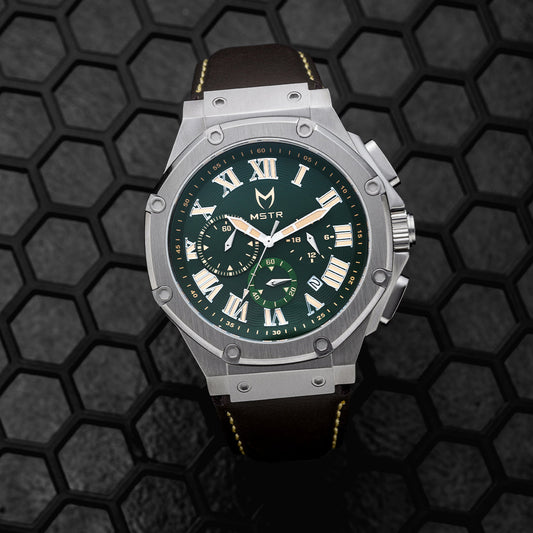 AM1037LB - AMBASSADOR SILVER / GREEN / BROWN LEATHER WATCH