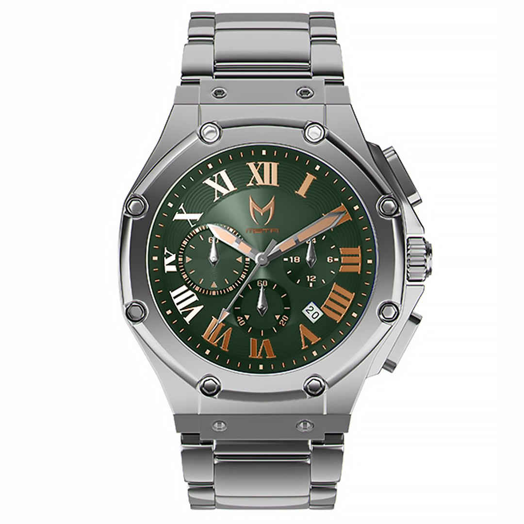 AM1037SS - AMBASSADOR SILVER / GREEN / SILVER STEEL BAND WATCH