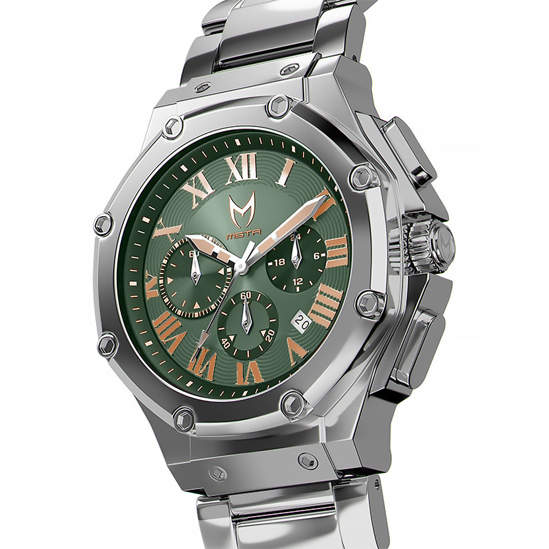 AM1037SS - AMBASSADOR SILVER / GREEN / SILVER STEEL BAND WATCH