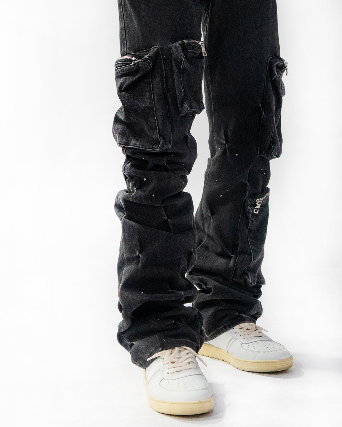 "Pinched" Stacked Flare Denim (Dark Black Wash)