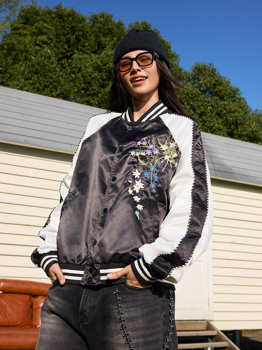 Floral Embroidery Baseball Track Jacket