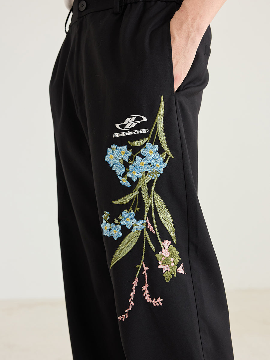 Floral Embroidery Slim Trousers